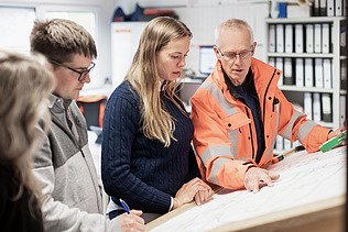 Foto af ZÜBLIN-kolleger, der diskuterer noget på baggrund af en byggeplan