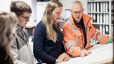 Foto af ZÜBLIN-kolleger, der diskuterer noget på baggrund af en byggeplan